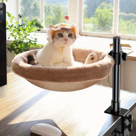 Cat Desk Bed Cat Hammock for Home Office 360Rotating Adjustable Shelf Removable Comfortable Soft Pet Nest Bed Modern Unique Kitten Furniture Attachment for Game Tables Brown