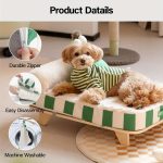 MEWOOFAN Elevated Cat Sofa Bed, Modern Wooden Pet Sofa With Non Slip Base And Detachable Washable Lid, Green And White Checkered Orthopedic Dog And Cat Bed